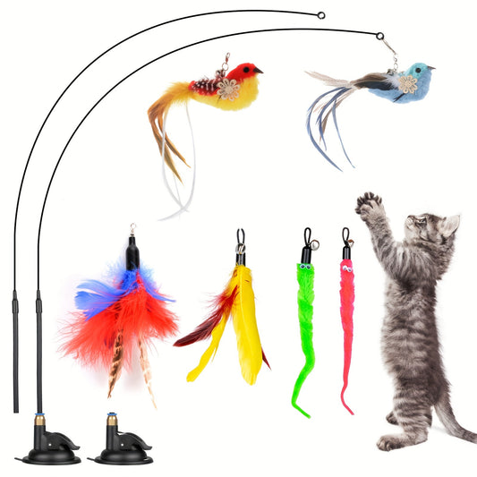 Interactive Cat Feather Toys - with Suction Cup and Wand Toys