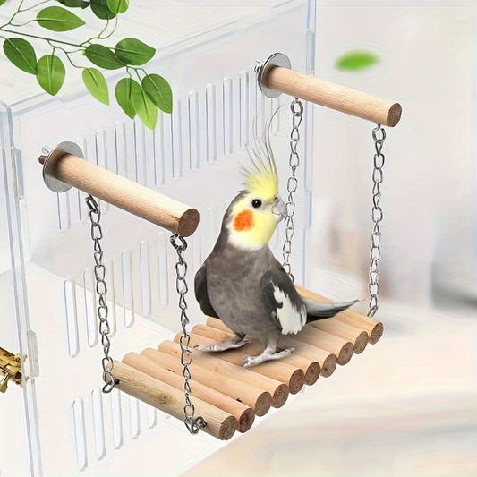 Rainbow Parrot Swing Bridge - Natural Wood Double-Bar Hammock for Bird Cages
